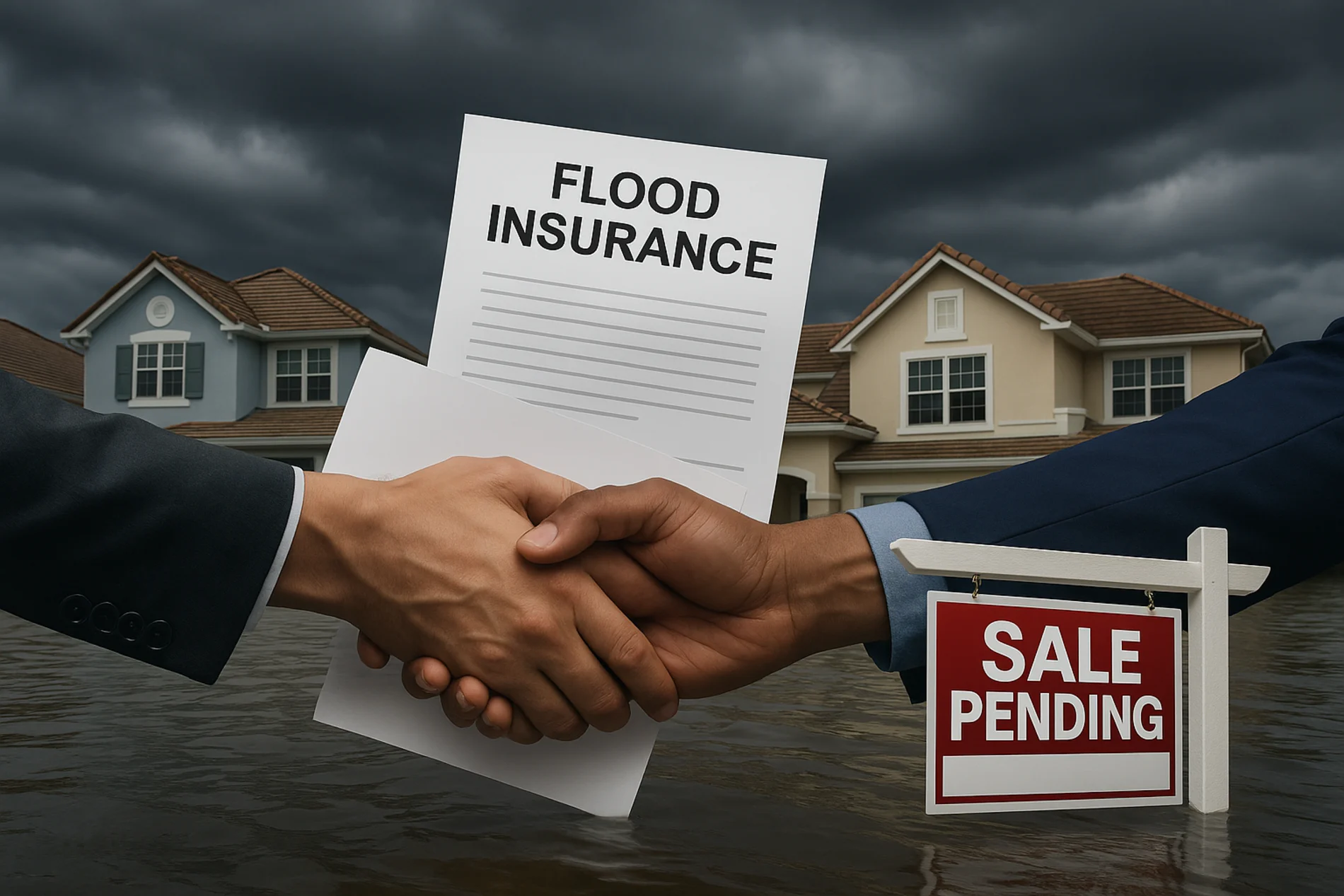 Two people shaking hands while holding a “Flood Insurance” document in front of flooded homes with a “Sale Pending” sign, symbolizing stalled Florida real estate deals during the flood insurance crisis.